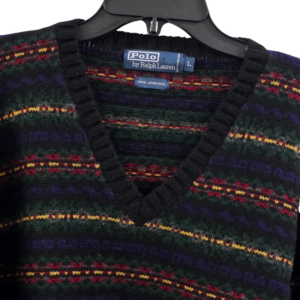 Polo Ralph Lauren Lambswool V-Neck Sweater Mens Large Fair Isle Stripe Green L